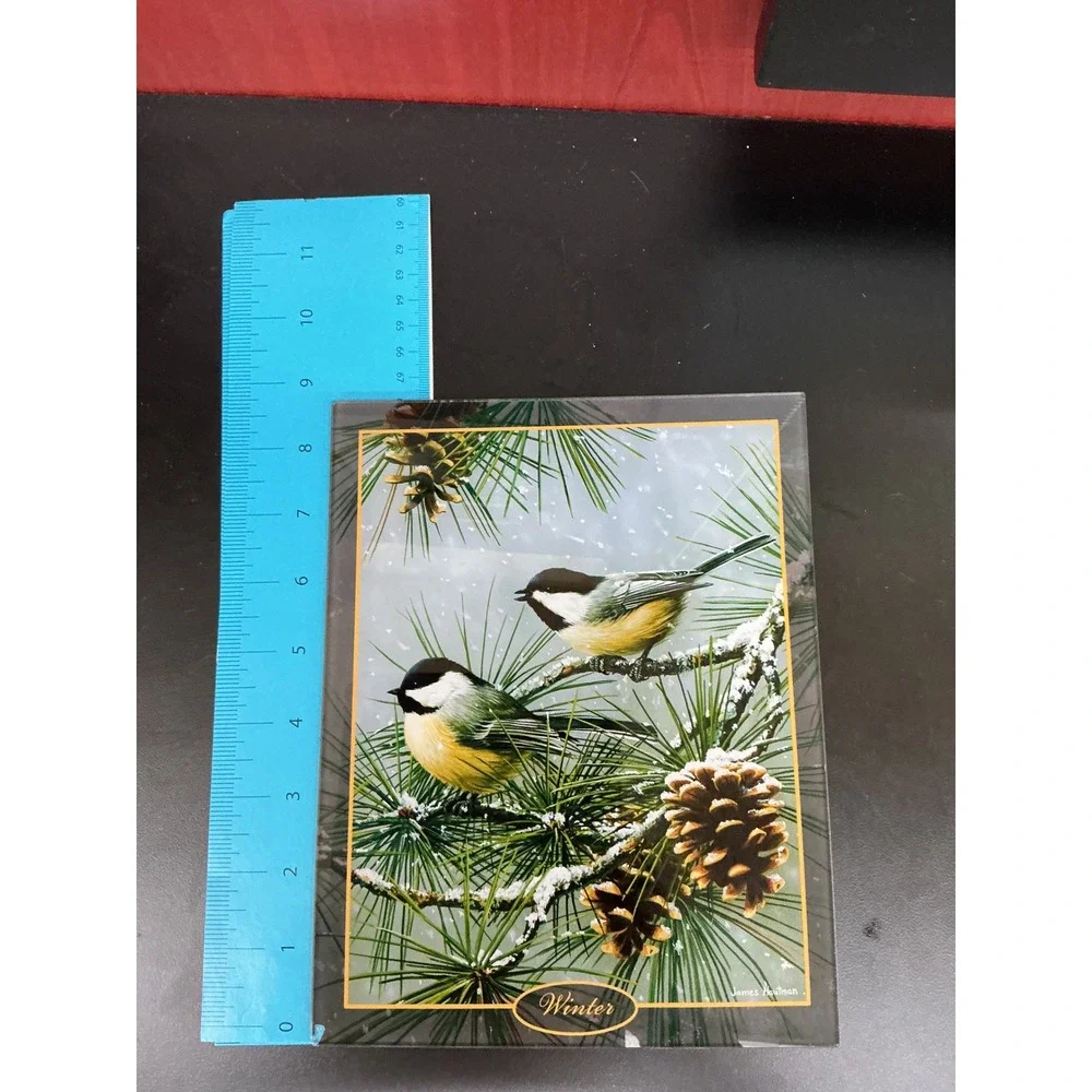 James Hautman Winter Chickadees Glass Art Wildlife Bird Pinecone Decor 6x8